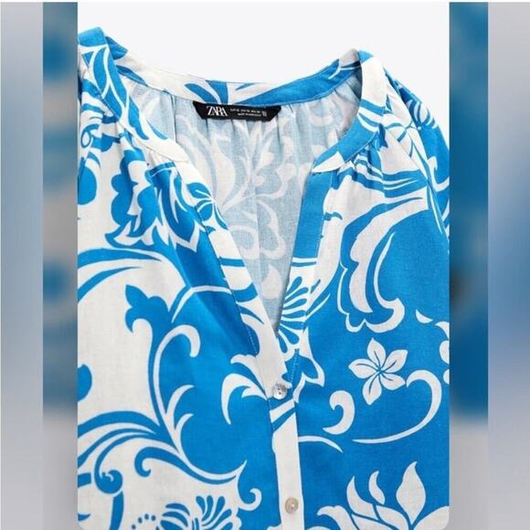 Zara Blue and White PRINTED LINEN BLEND SHIRT - Picture 8 of 9